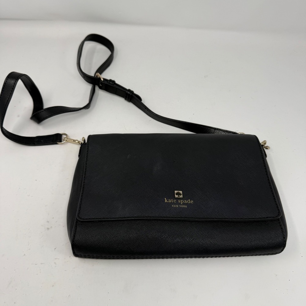 Kate Spade New York Black Saffiano Leather Crossbody Bag‎ Gold Logo RN0102760